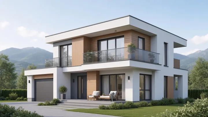 Modernes Einfamilienhaus mit Bergkulisse – Symbolbild Baufinanzierung