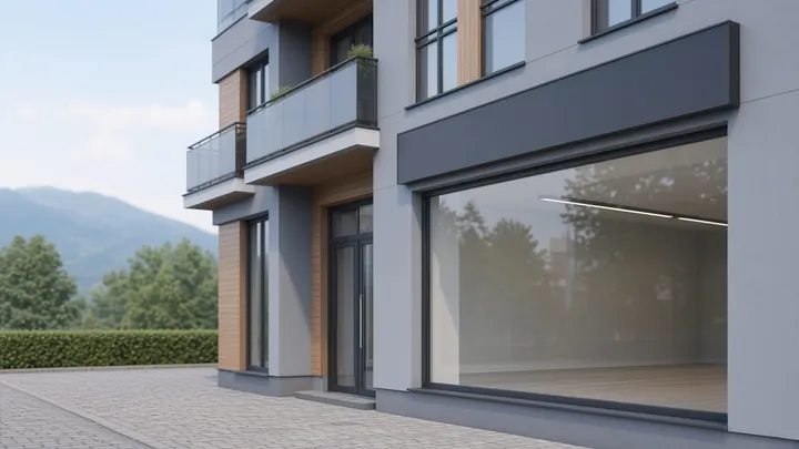 Modernes Geschäftsgebäude mit Schaufenster – Symbolbild Unternehmenskredit