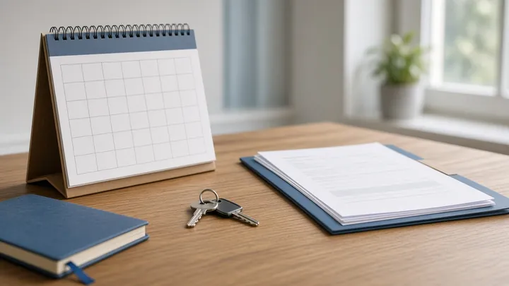 Kalender, Schlüssel und Unterlagen auf dem Schreibtisch – Symbolbild Zwischenfinanzierung